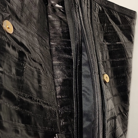 Vintage Eel Skin Leather Clutch Purse Black Fold Over Soft Pockets Handbag - Picture 5 of 16